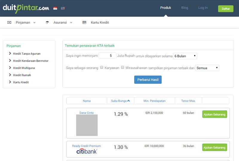 Tampilan Website DuitPintar (dot) Com - Kredit Tanpa Agunan (KTA)
