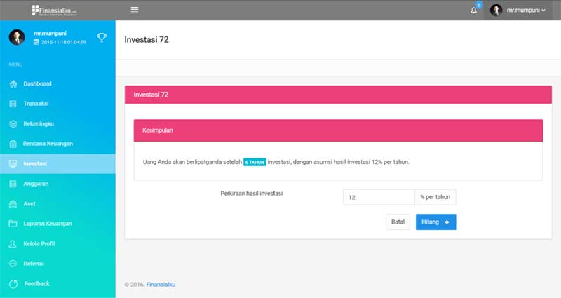 Simulasi Perhitungan Dengan Aturan Investasi 72 di Aplikasi 1 Finansialku